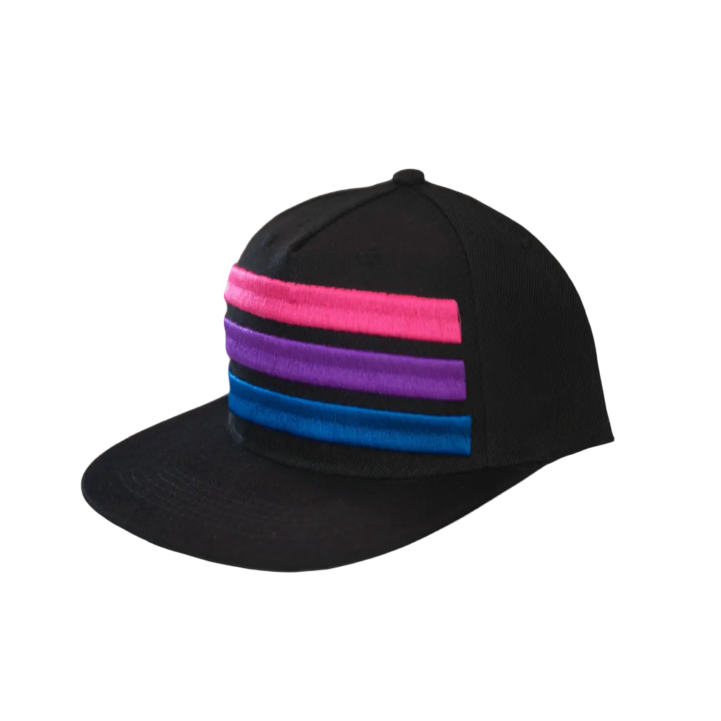 A black baseball cap featuring three horizontal embroidered stripes in pink, purple, and blue on the front panel, set against a plain white background.