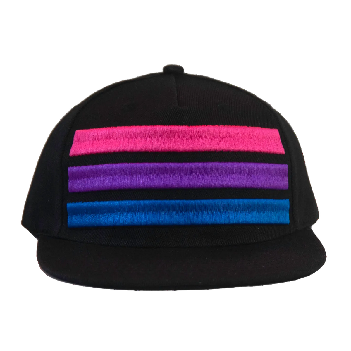 Black cap with embroidered bi flag colors of pink, blue, and purple stripes on a white background