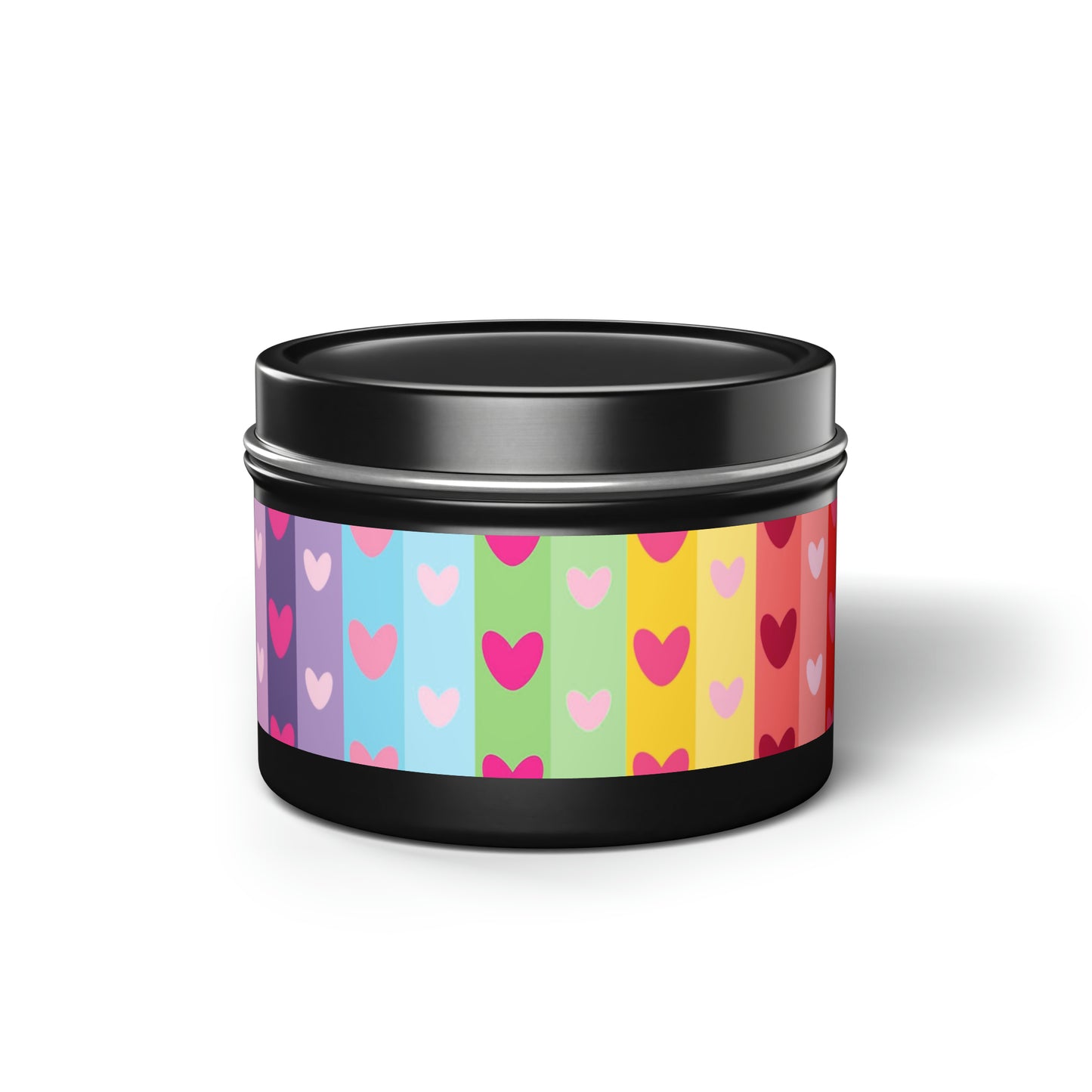 Gift Tin Scented Candles LGBTQ Rainbow Hearts 4oz Black black-gift-tin-candles-lgbtq-rainbow-hearts-4oz-front