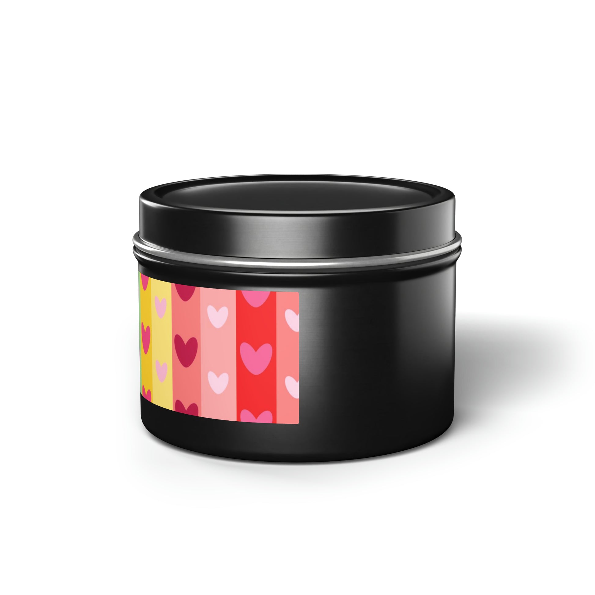 Gift Tin Scented Candles LGBTQ Rainbow Hearts black-gift-tin-candles-lgbtq-rainbow-hearts-4oz-left