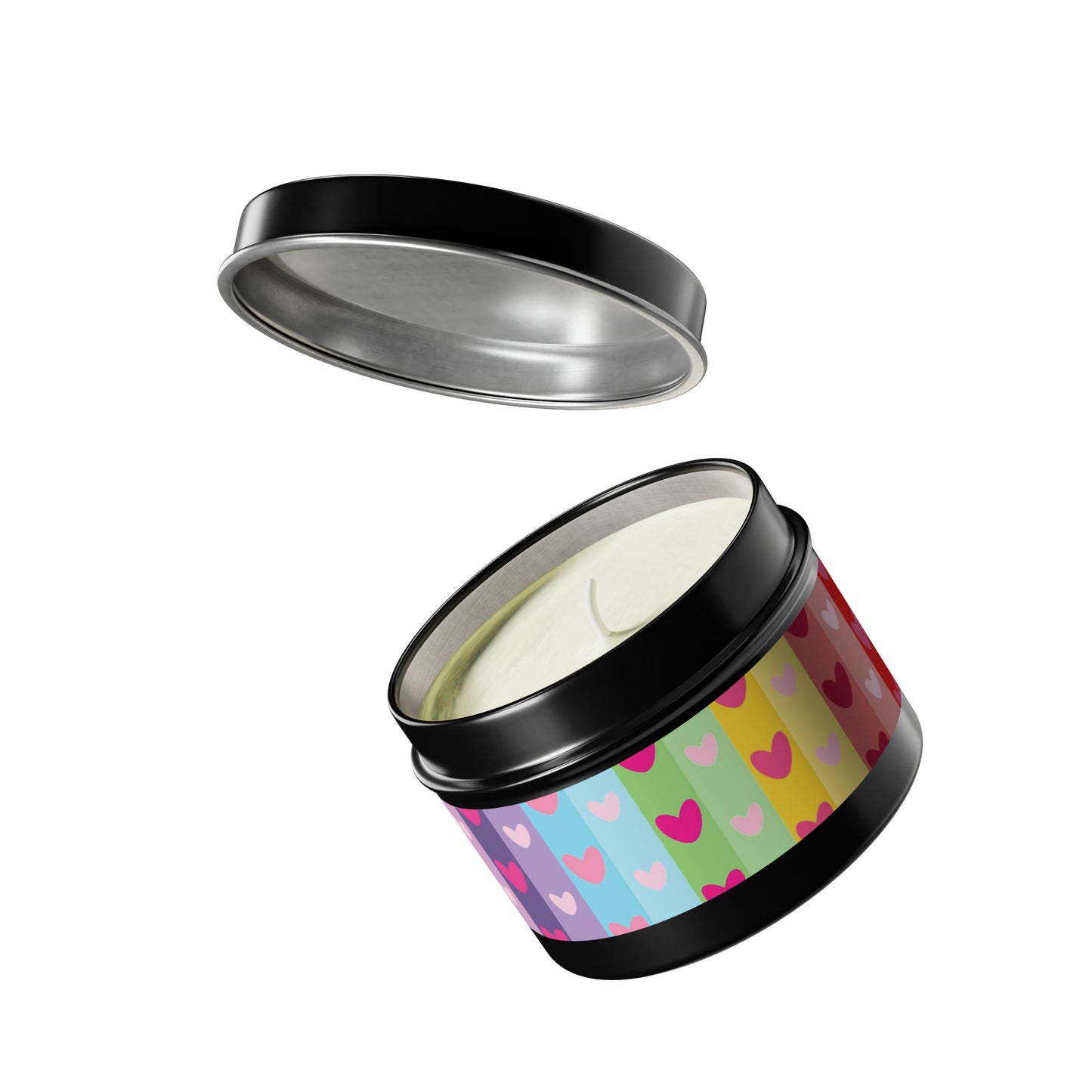 Gift Tin Scented Candles LGBTQ Rainbow Hearts black-gift-tin-candles-lgbtq-rainbow-hearts-4oz-lifestyle-2