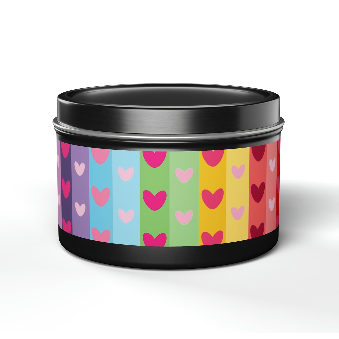 Gift Tin Scented Candles LGBTQ Rainbow Hearts 8oz Black black-gift-tin-candles-lgbtq-rainbow-hearts-8oz-front