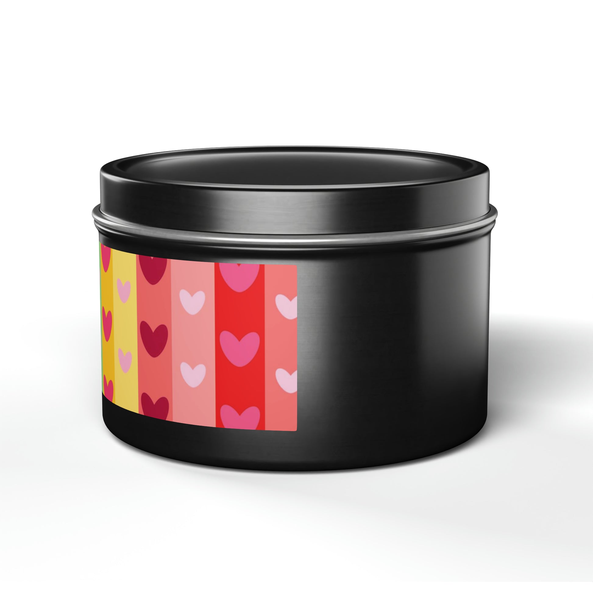 Gift Tin Scented Candles LGBTQ Rainbow Hearts black-gift-tin-candles-lgbtq-rainbow-hearts-8oz-left