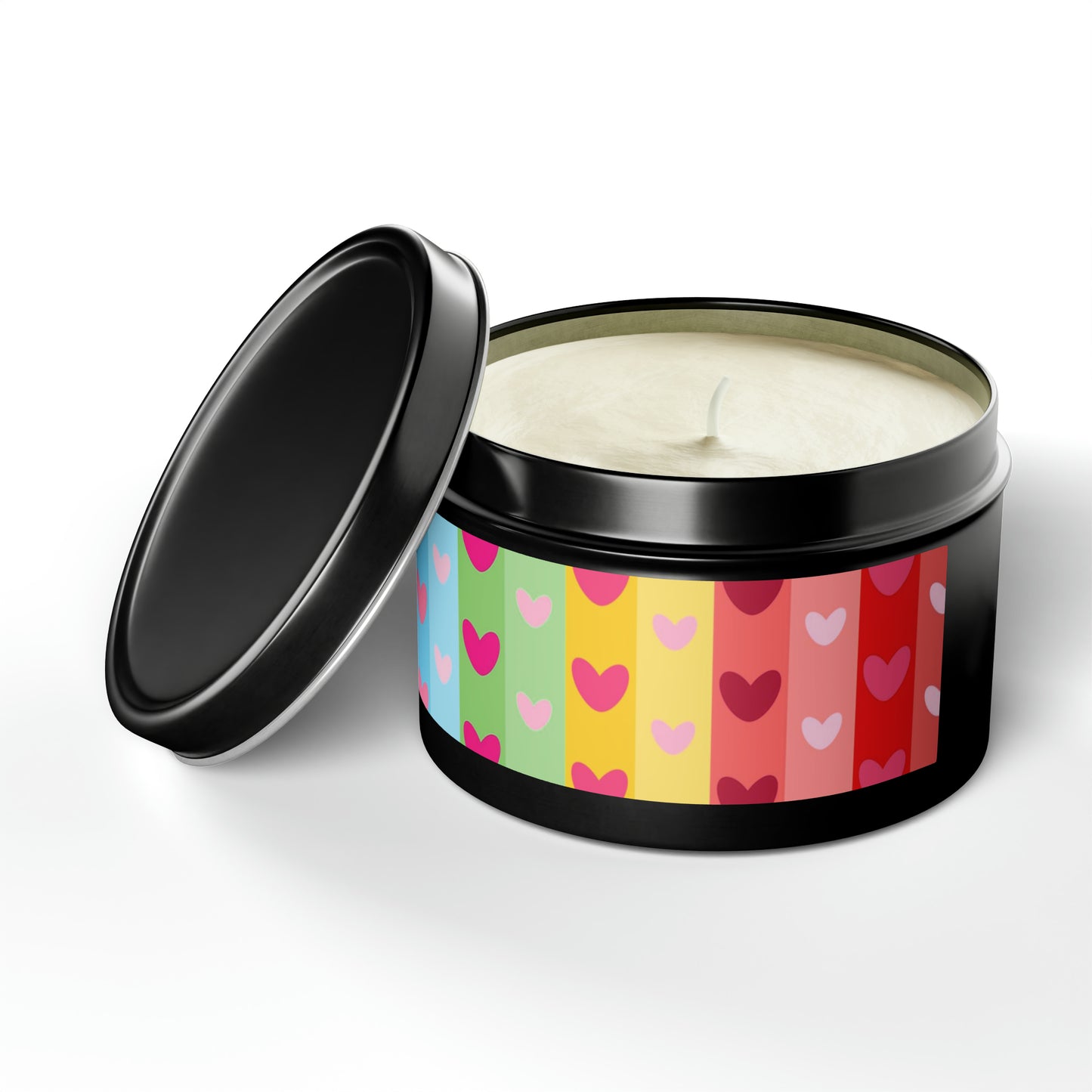 Gift Tin Scented Candles LGBTQ Rainbow Hearts black-gift-tin-candles-lgbtq-rainbow-hearts-8oz-lifestyle-2