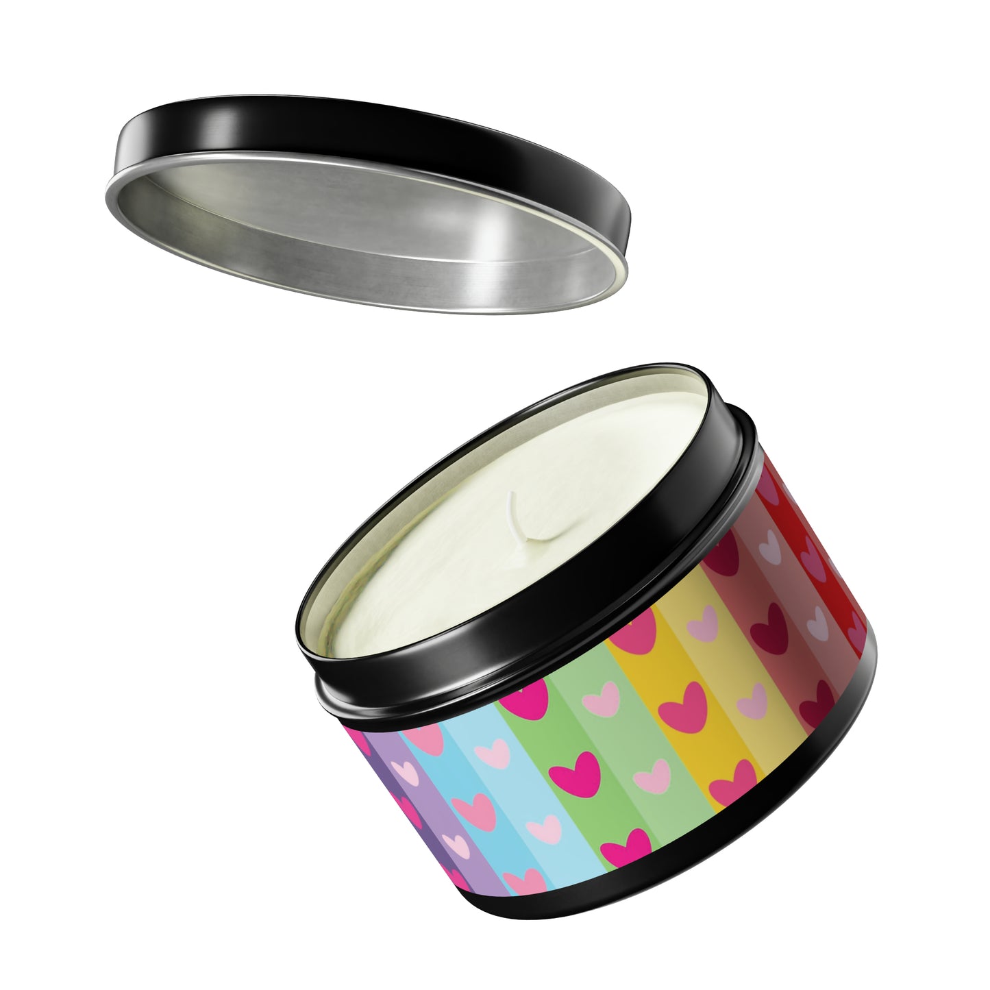 Gift Tin Scented Candles LGBTQ Rainbow Hearts black-gift-tin-candles-lgbtq-rainbow-hearts-8oz-lifestyle