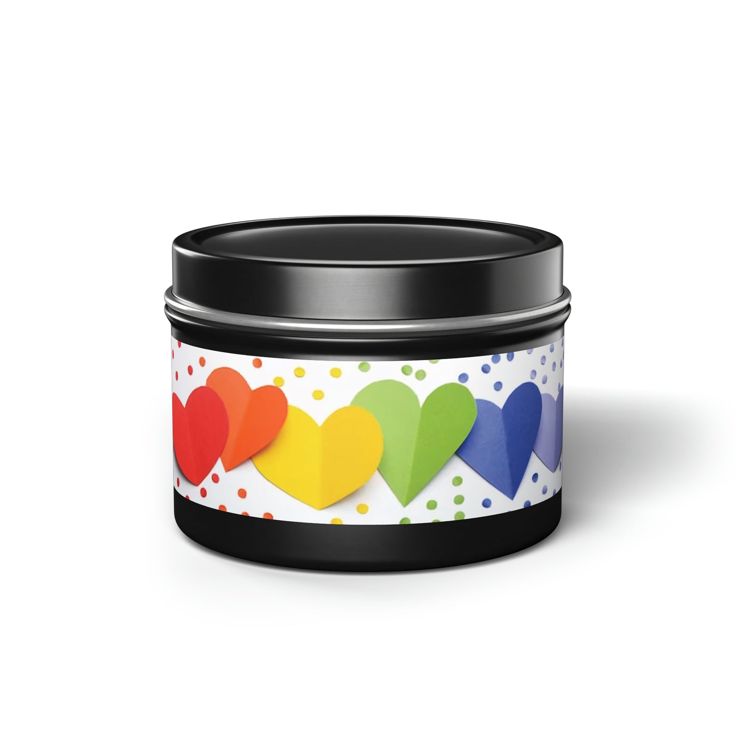 Gift Tin Scented Candle Rainbow Paper Hearts 4oz Black black-gift-tin-scented-candle-rainbow-paper-hearts-4oz-front