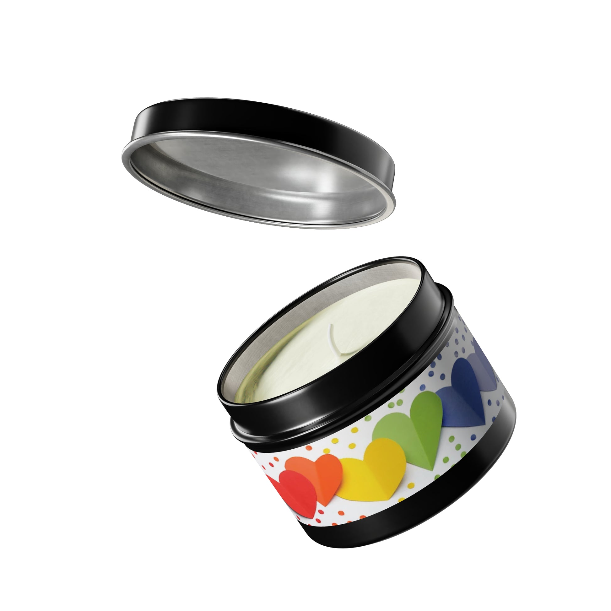 Gift Tin Scented Candle Rainbow Paper Hearts black-gift-tin-scented-candle-rainbow-paper-hearts-4oz-lifestyle-2