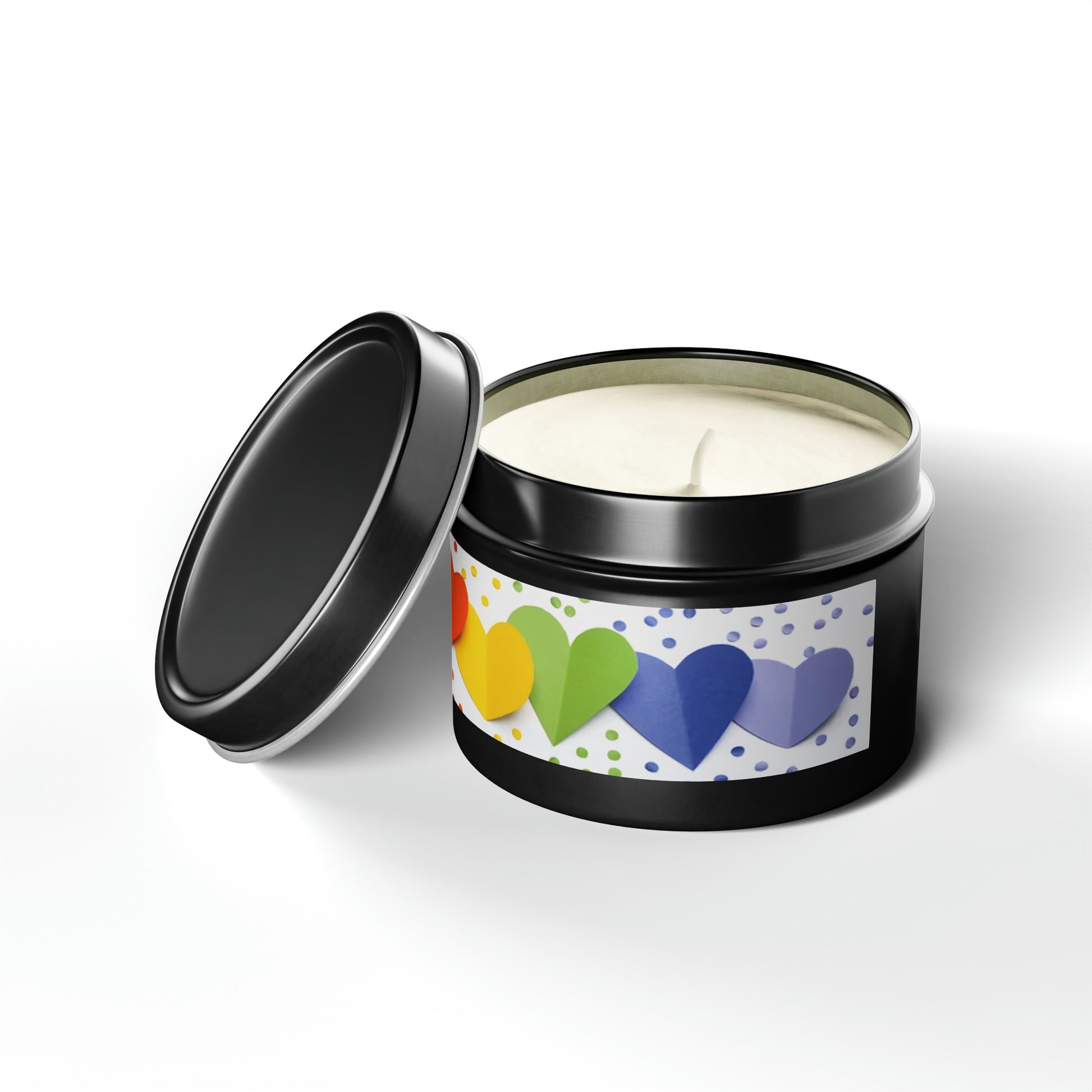 Gift Tin Scented Candle Rainbow Paper Hearts black-gift-tin-scented-candle-rainbow-paper-hearts-4oz-lifestyle