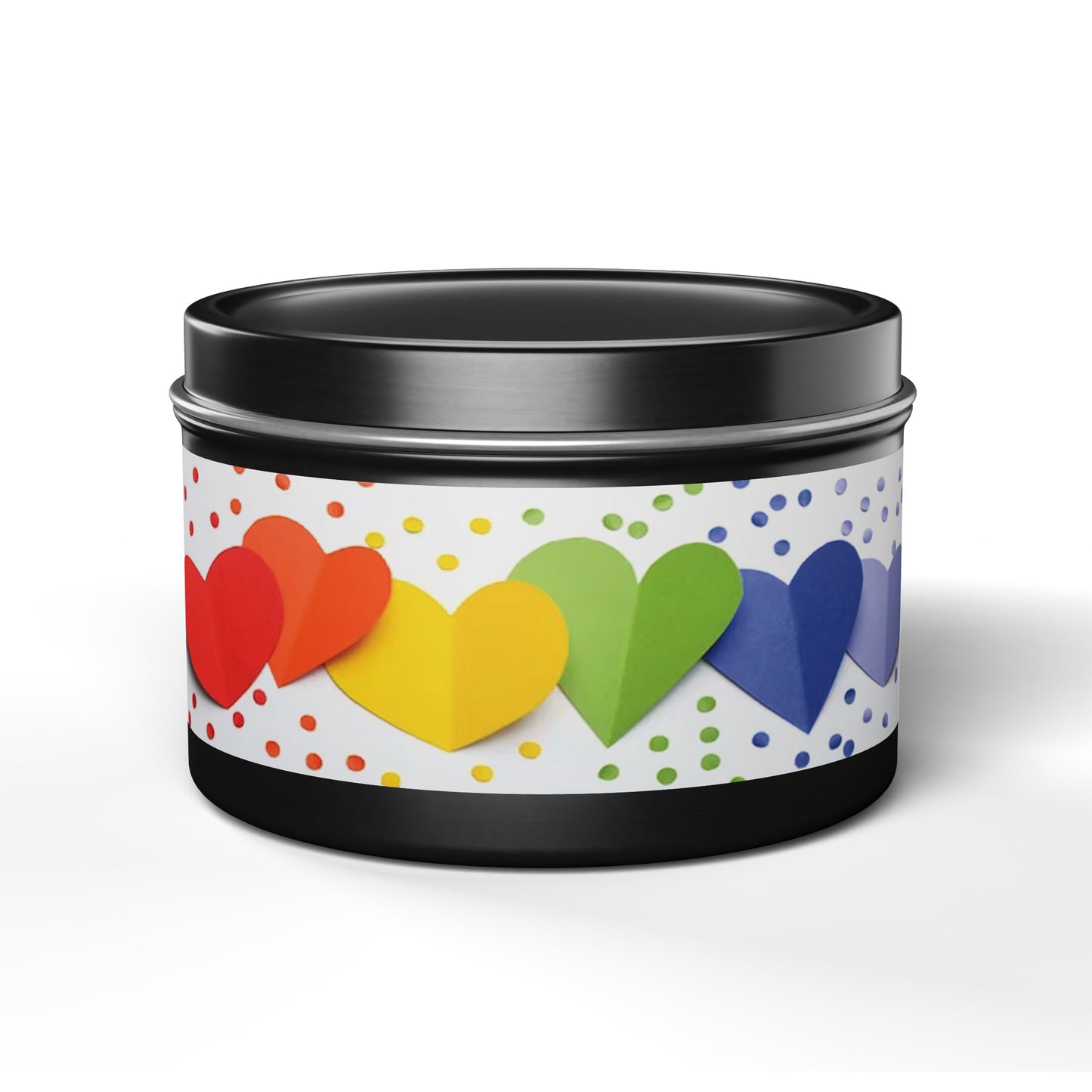 Gift Tin Scented Candle Rainbow Paper Hearts 8oz Black black-gift-tin-scented-candle-rainbow-paper-hearts-8oz-front