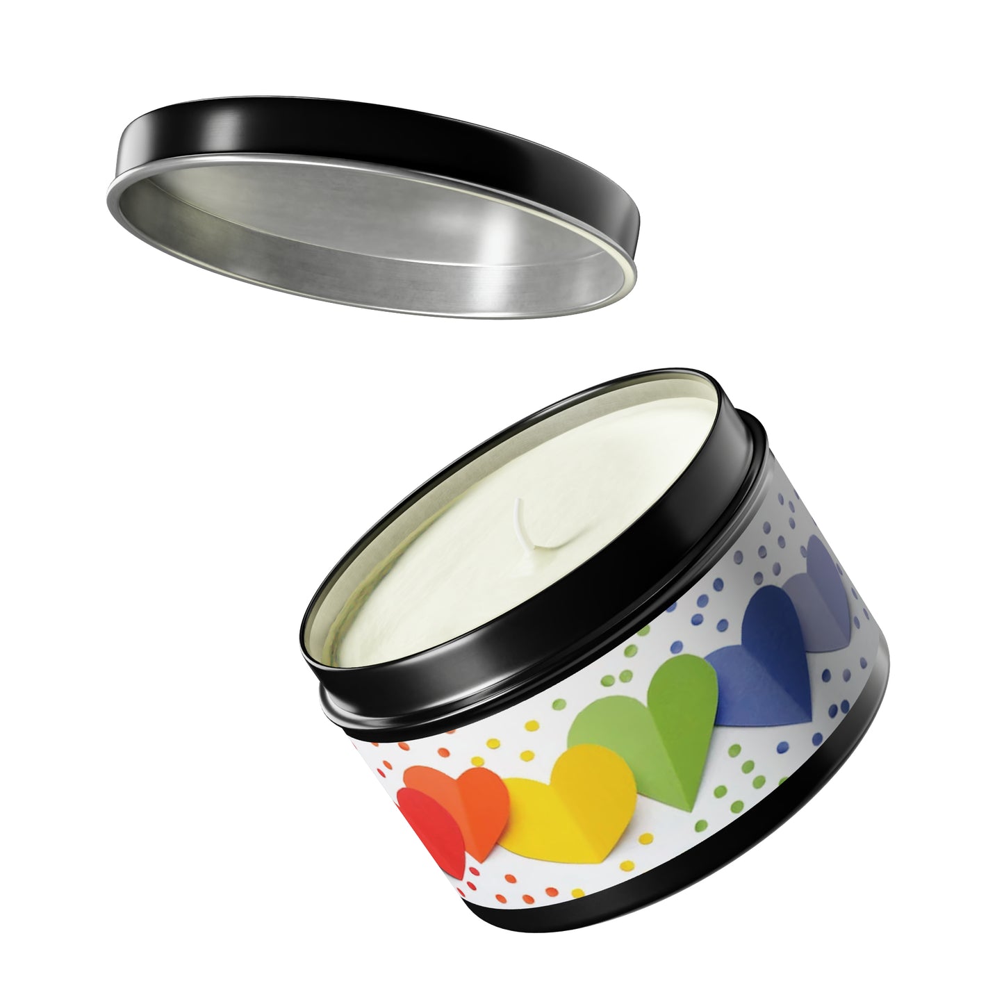 Gift Tin Scented Candle Rainbow Paper Hearts black-gift-tin-scented-candle-rainbow-paper-hearts-8oz-lifestyle-2