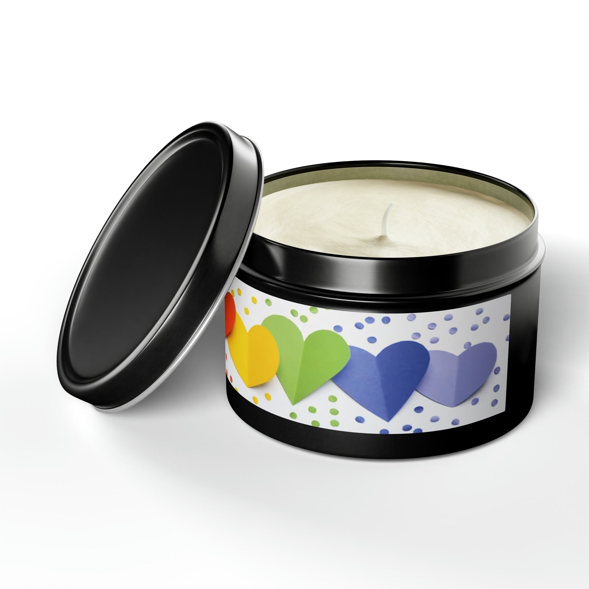 Gift Tin Scented Candle Rainbow Paper Hearts black-gift-tin-scented-candle-rainbow-paper-hearts-8oz-lifestyle