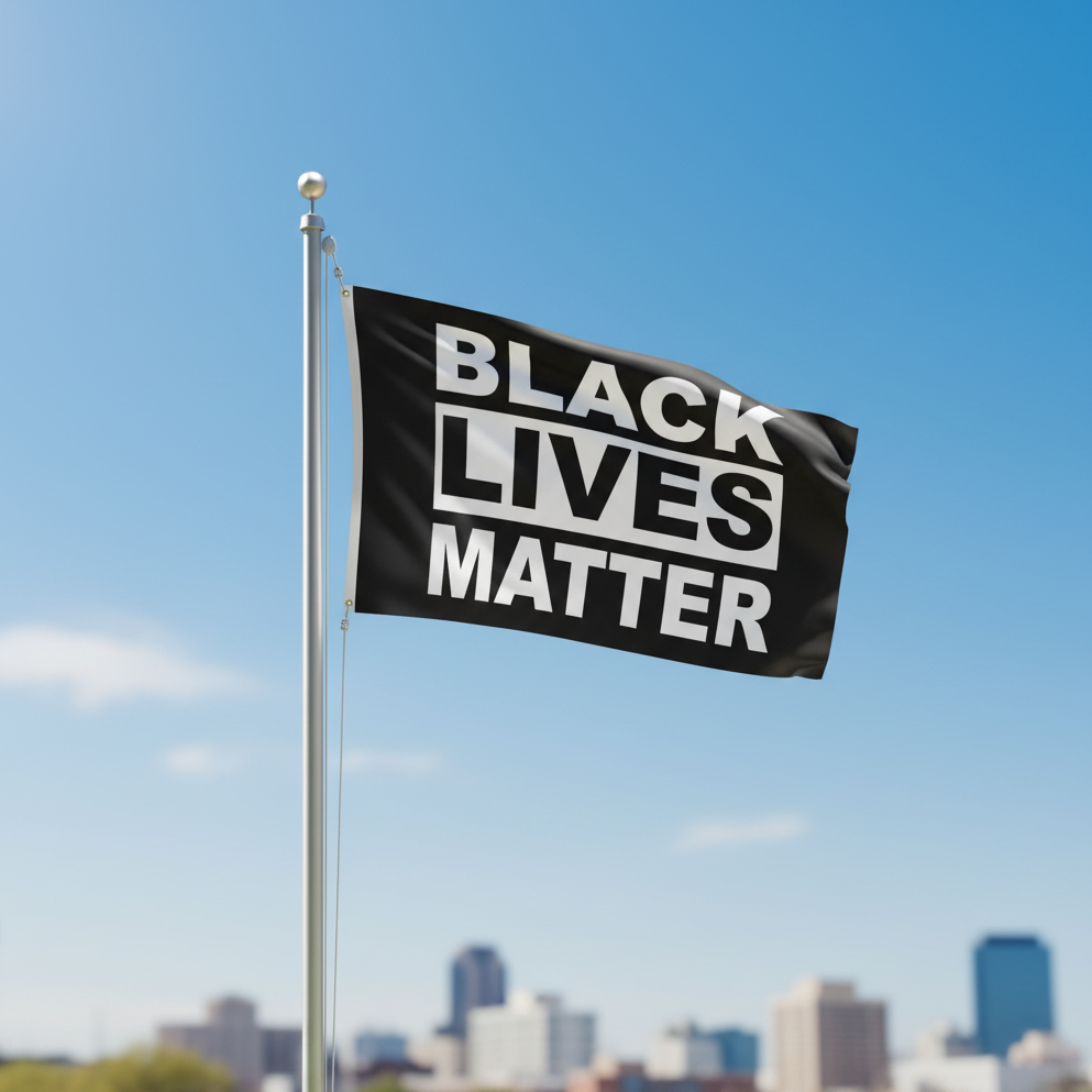 A black flag with the text 'BLACK LIVES MATTER' in bold white letters, mounted on a silver flagpole, set against a blurred city skyline and blue sky background.