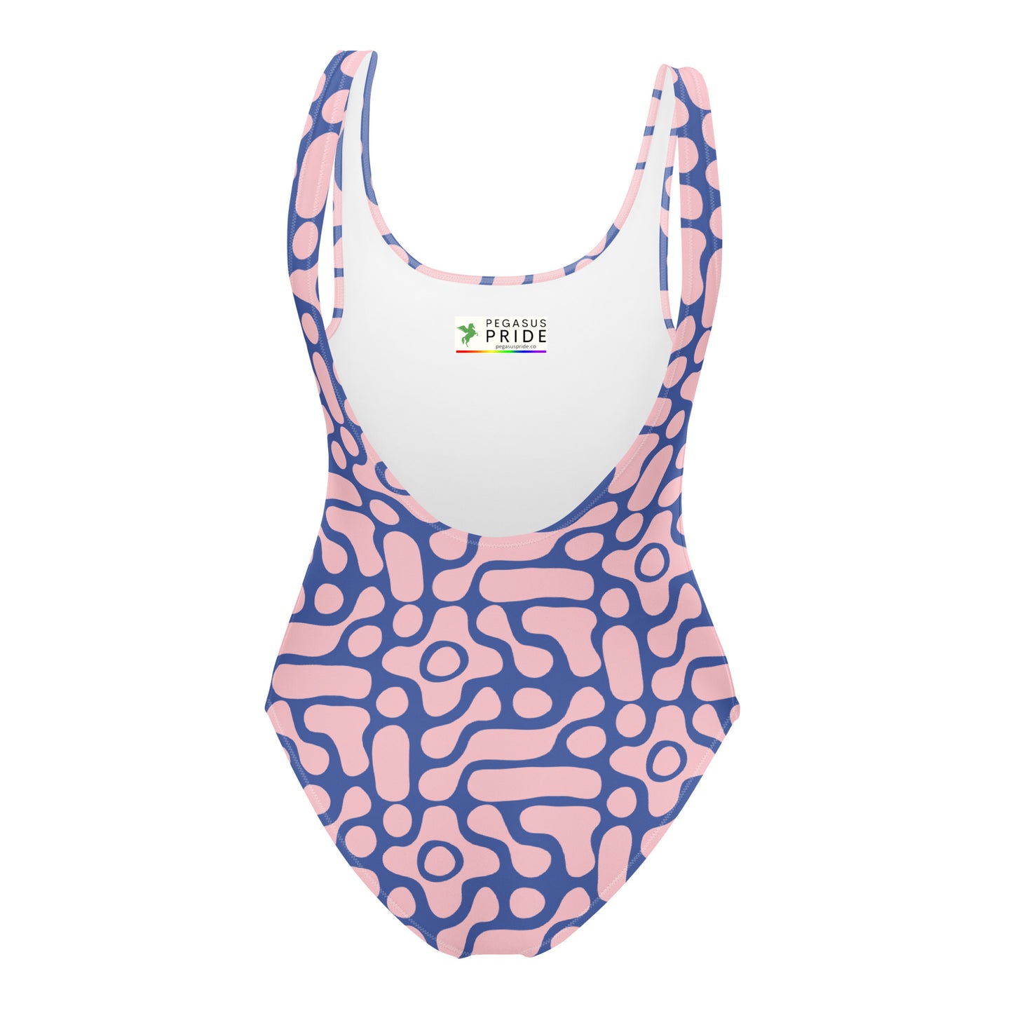 One-piece swimsuit with pink and blue abstract pattern on a white background