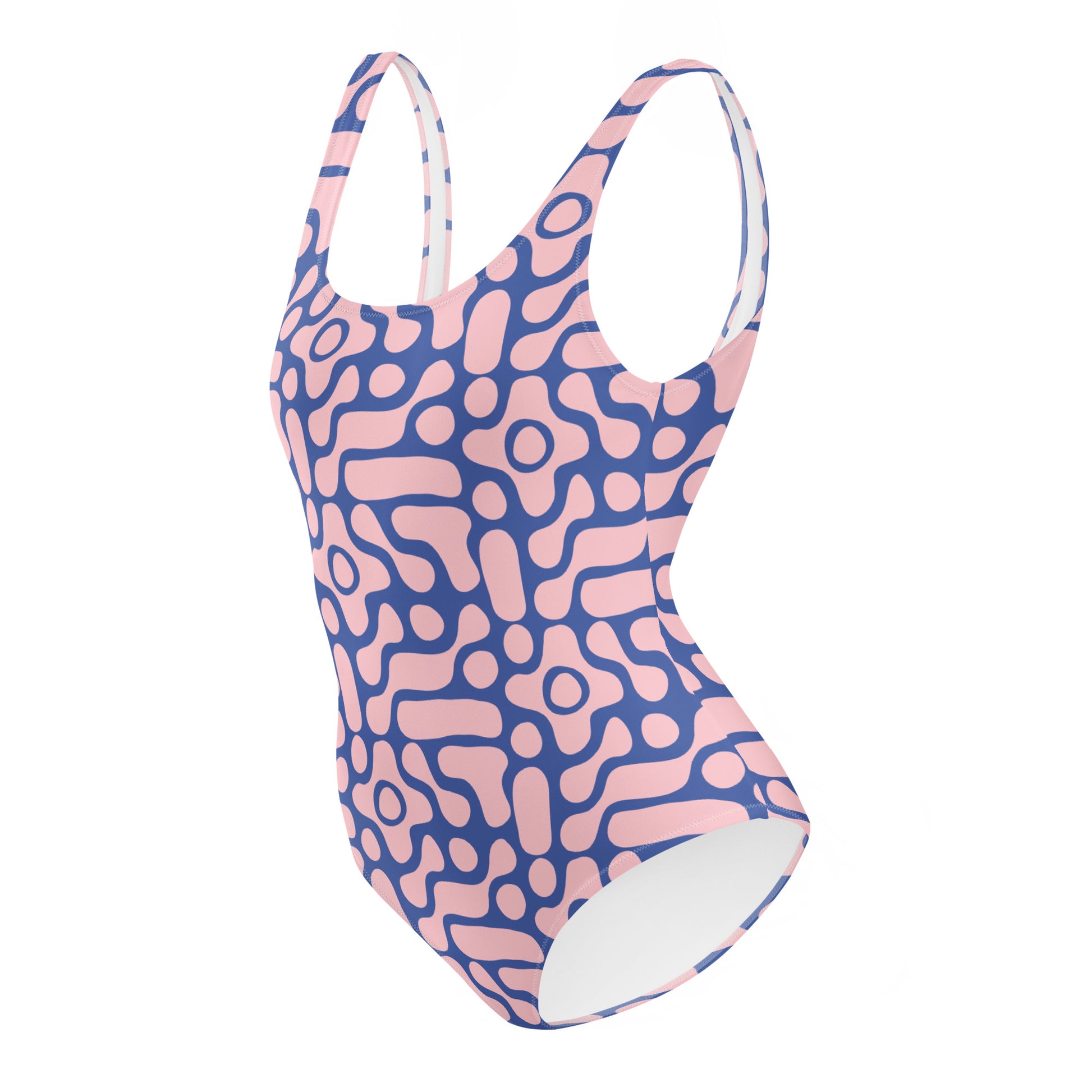 Pink and blue patterned swimsuit on a white background