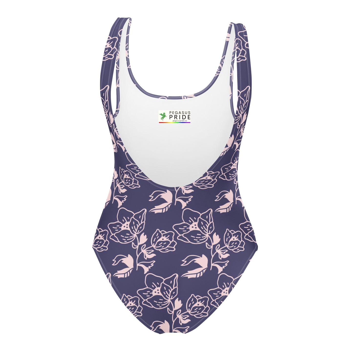 Floral-patterned swimsuit with a visible brand logo on a white background