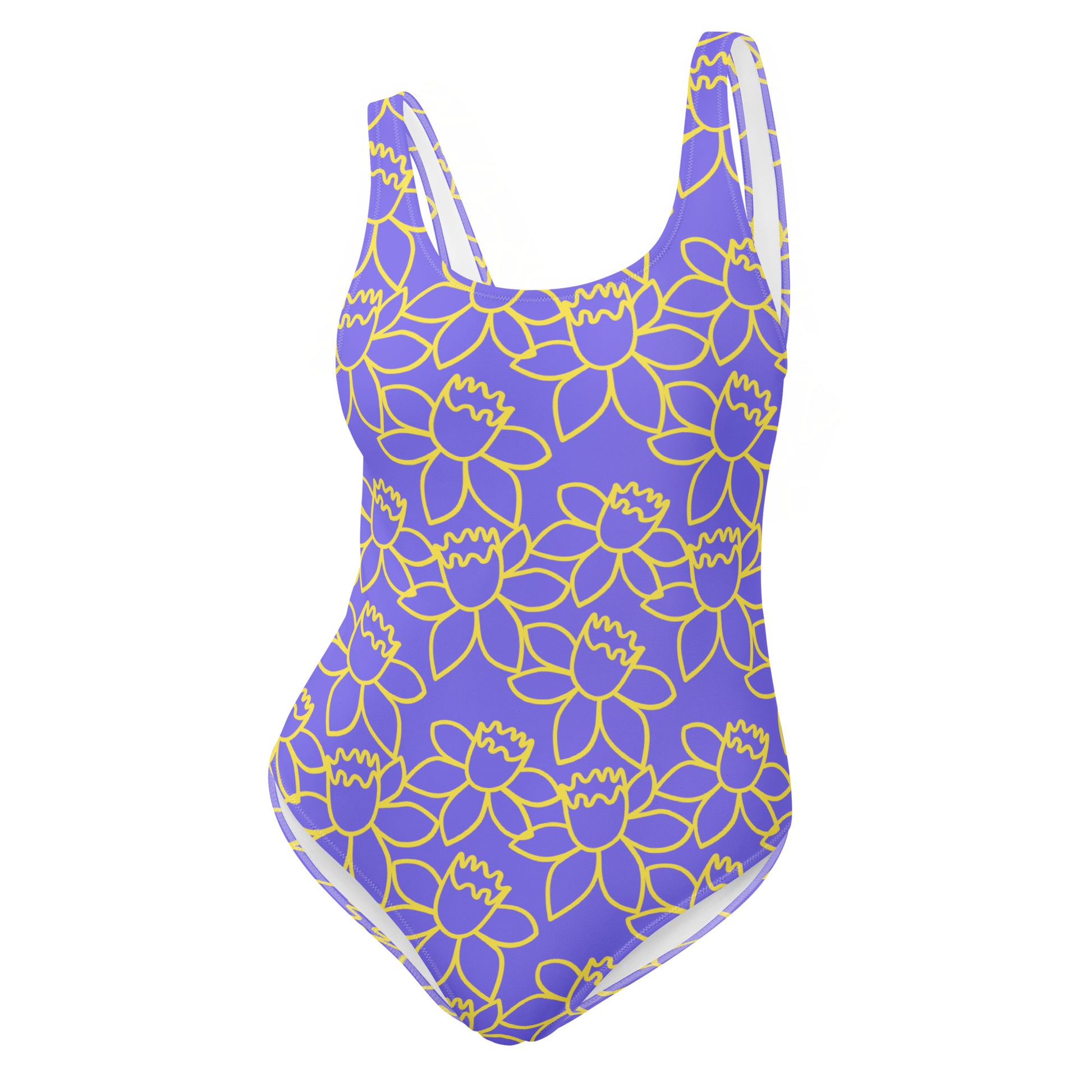 blue swimsuit with yellow floral pattern on a white background