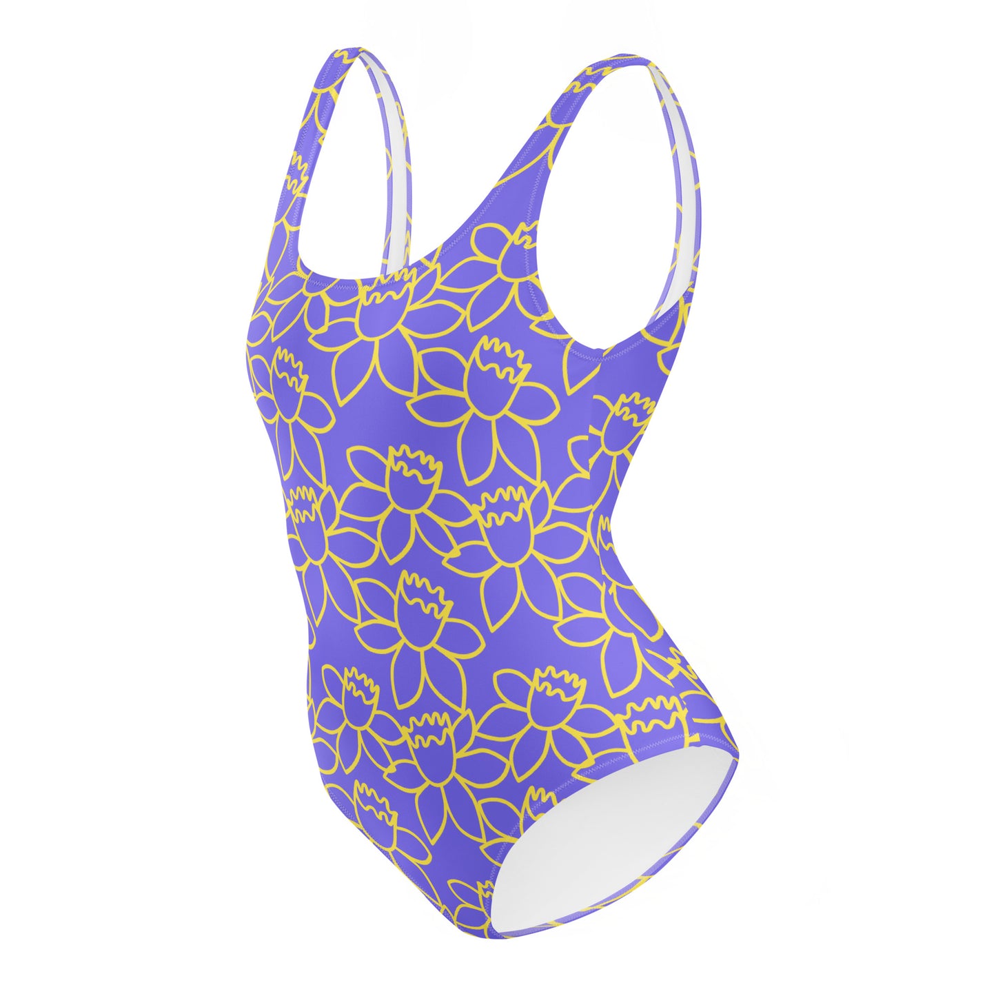blue swimsuit with yellow floral daisy pattern on a white background