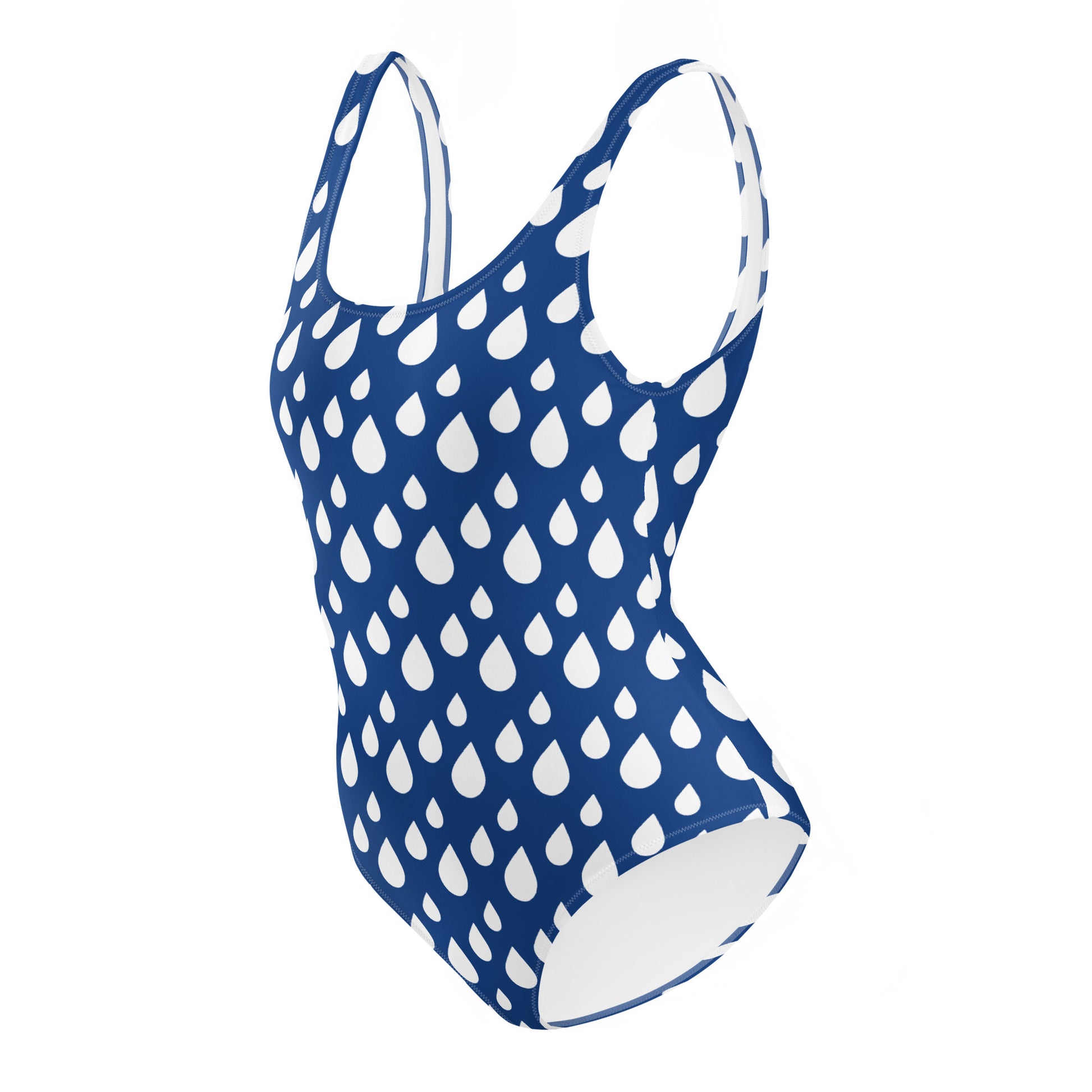 blue swimsuit with raindrop pattern on a white background