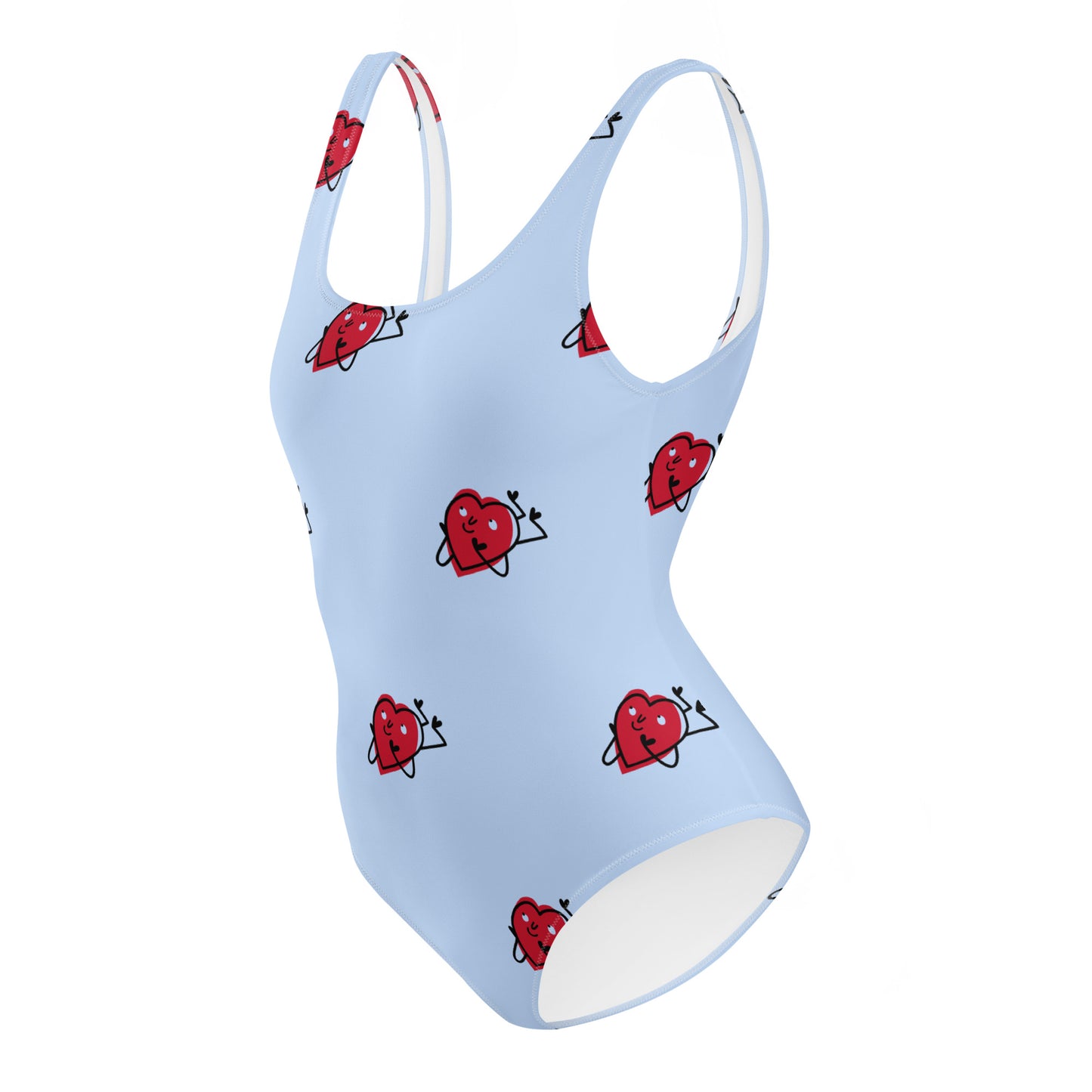 Light blue swimsuit with red heart patterns on a white background