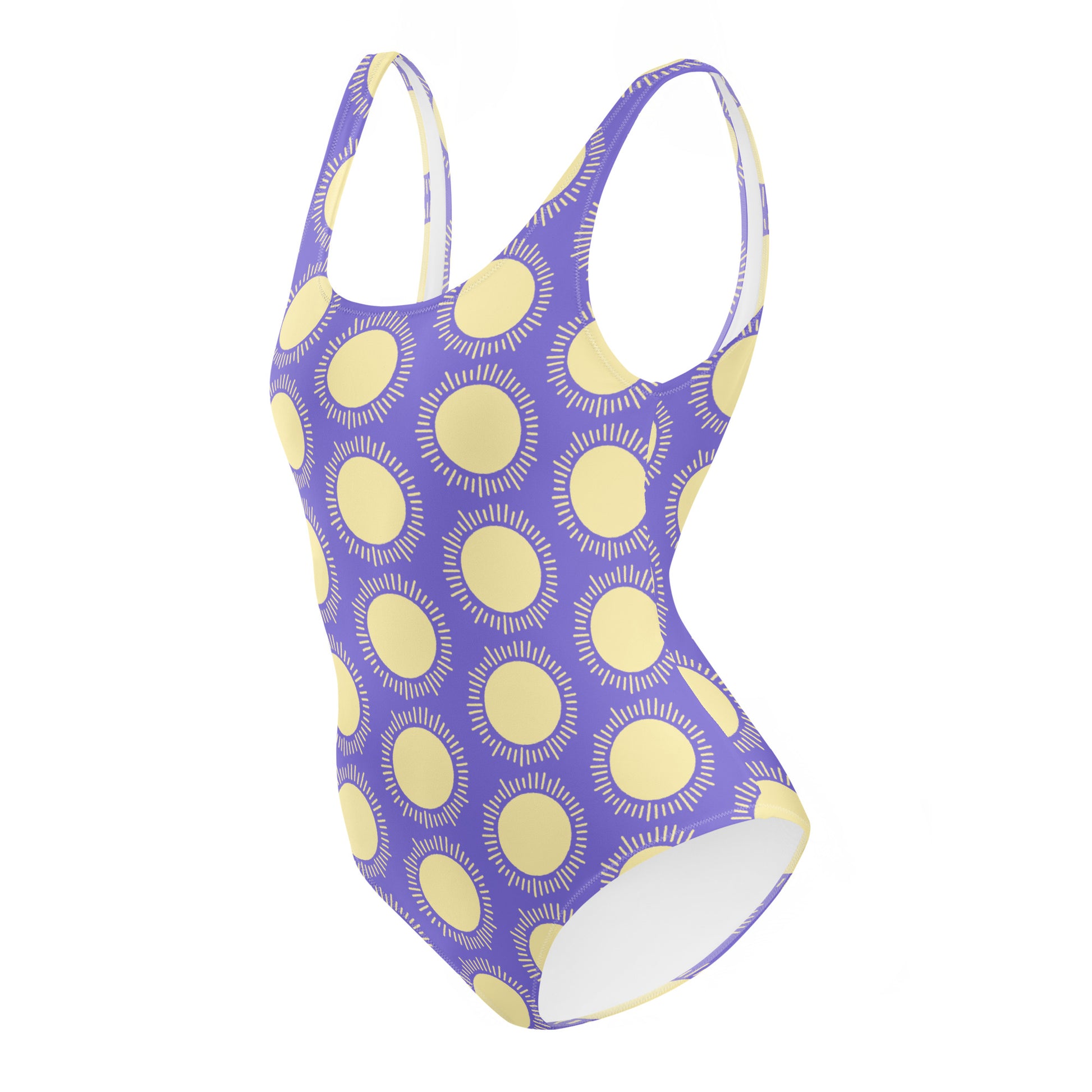 blue swimsuit with yellow sun splash pattern on a white background