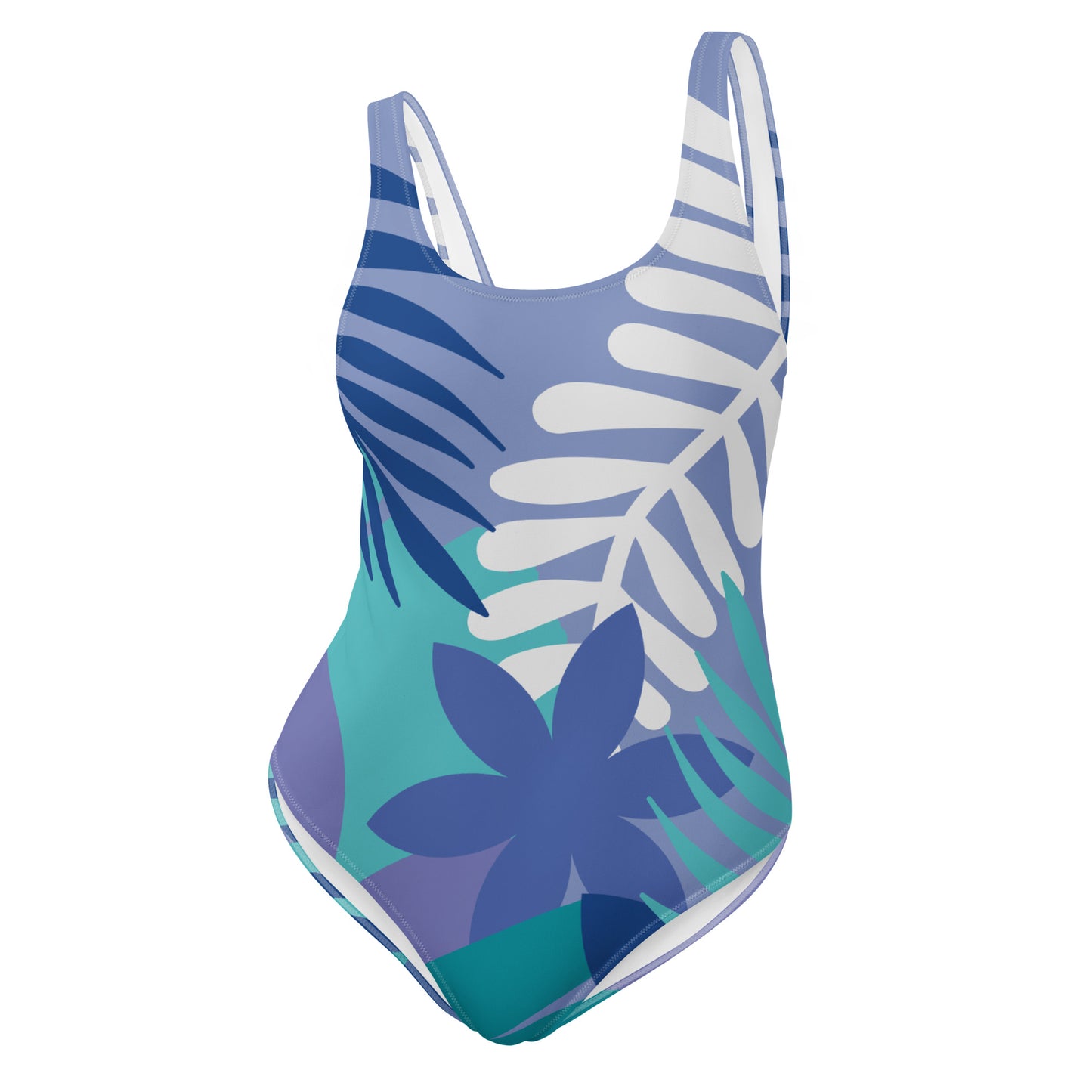 One-piece swimsuit with tropical leaf pattern on a white background