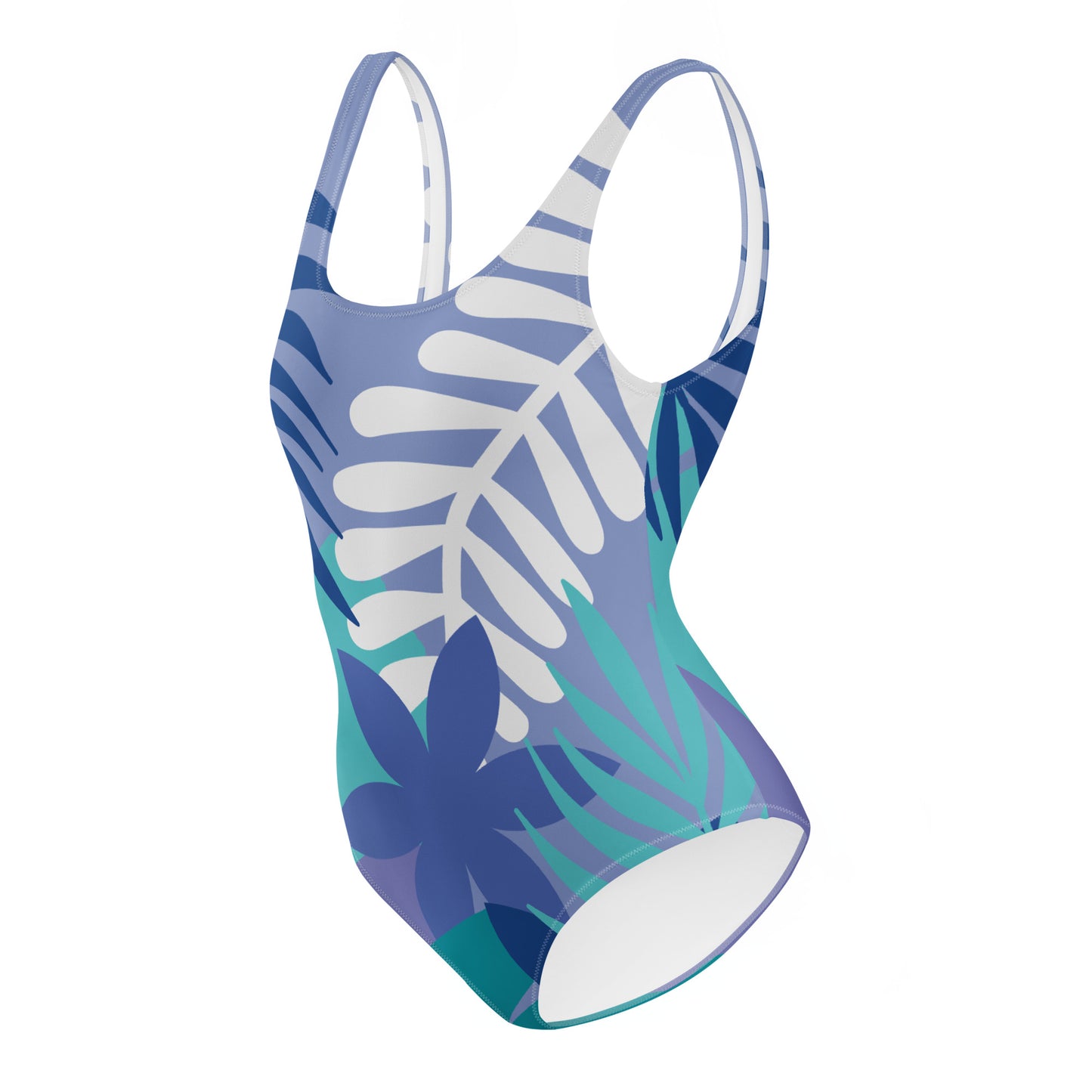 One-piece swimsuit with tropical leaf pattern on a white background