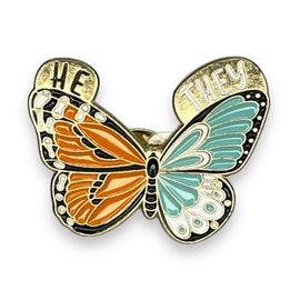 Butterfly-shaped object with 'HE' and 'THEY' text on a white background