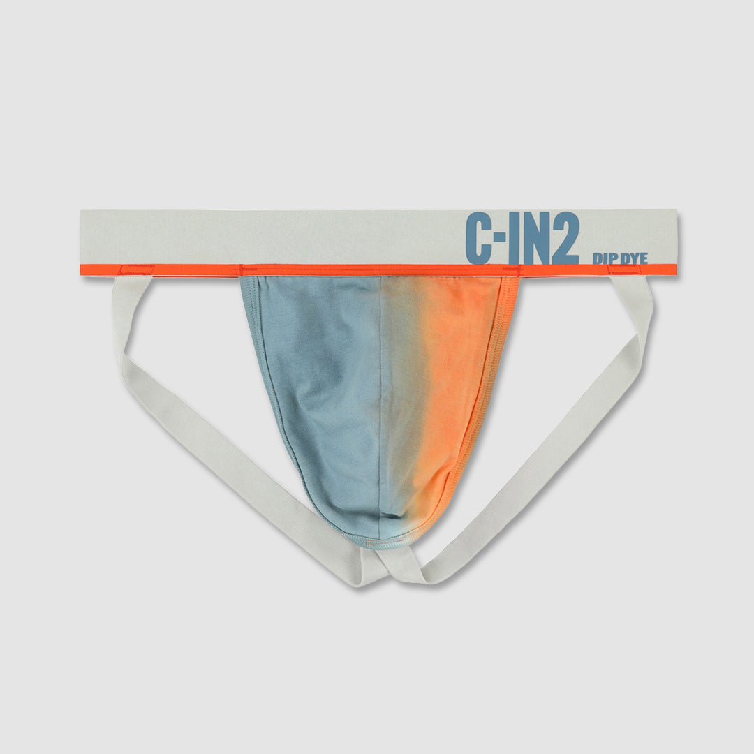 A men's jockstrap-style underwear bottom with a white waistband, orange trim, and a center panel split vertically into light blue and orange. The waistband shows the text 'C-IN2' 