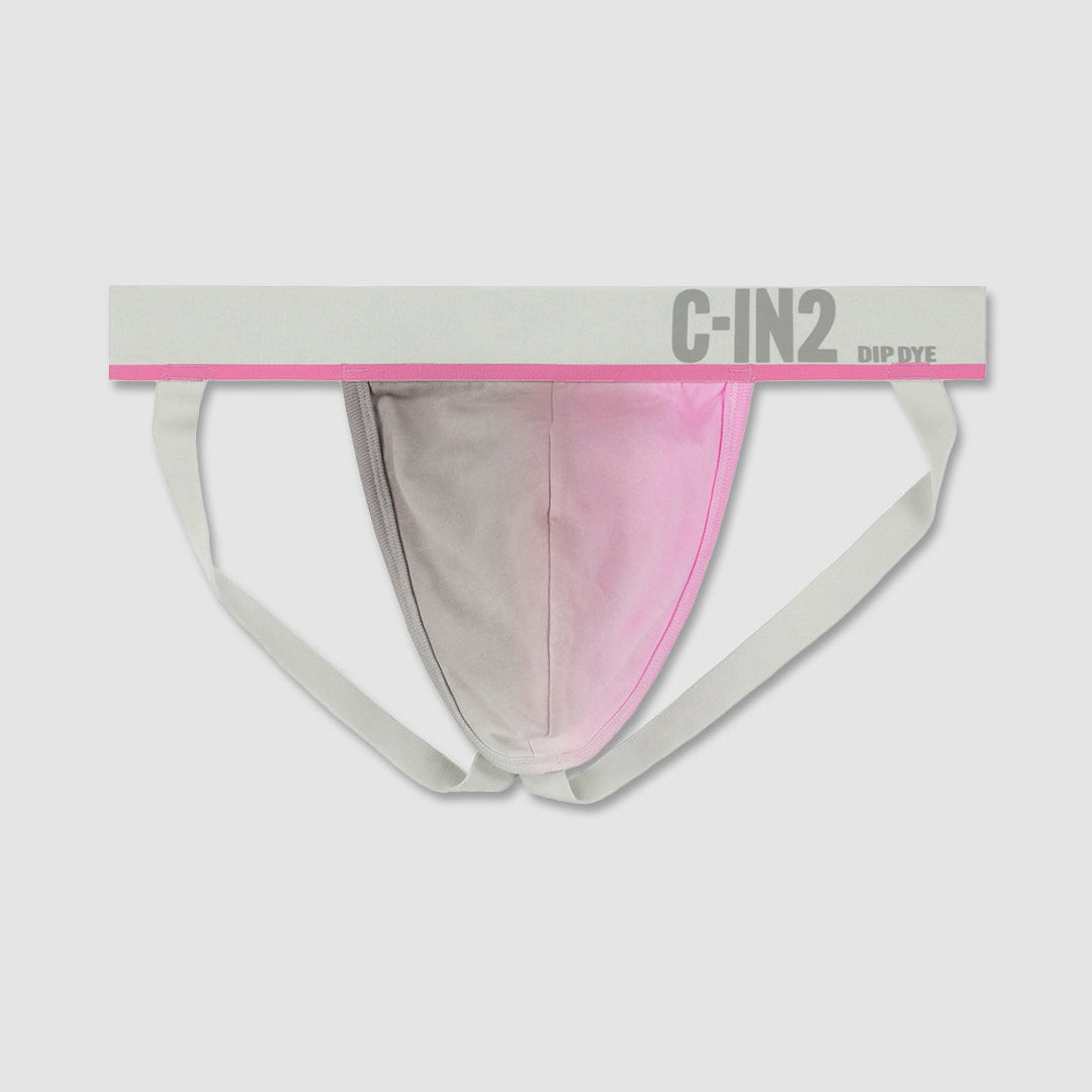 Pink and gray men's jockstrap with 'C-IN2' branding on a white background