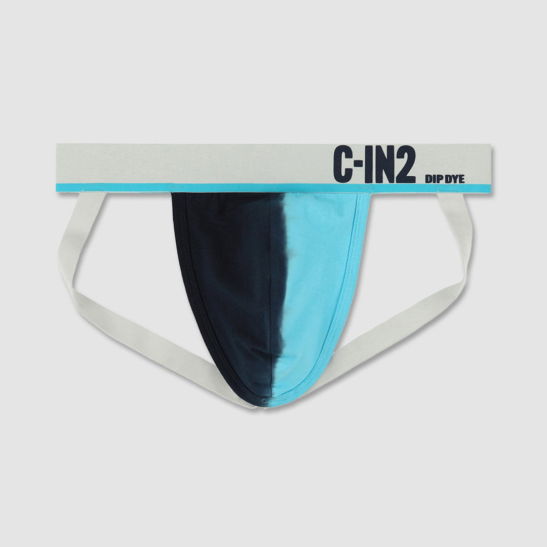 A men's dip-dye jock by C-IN2, featuring a color-blocked design of navy blue, light blue, and white, with the brand name printed on the white waistband.
