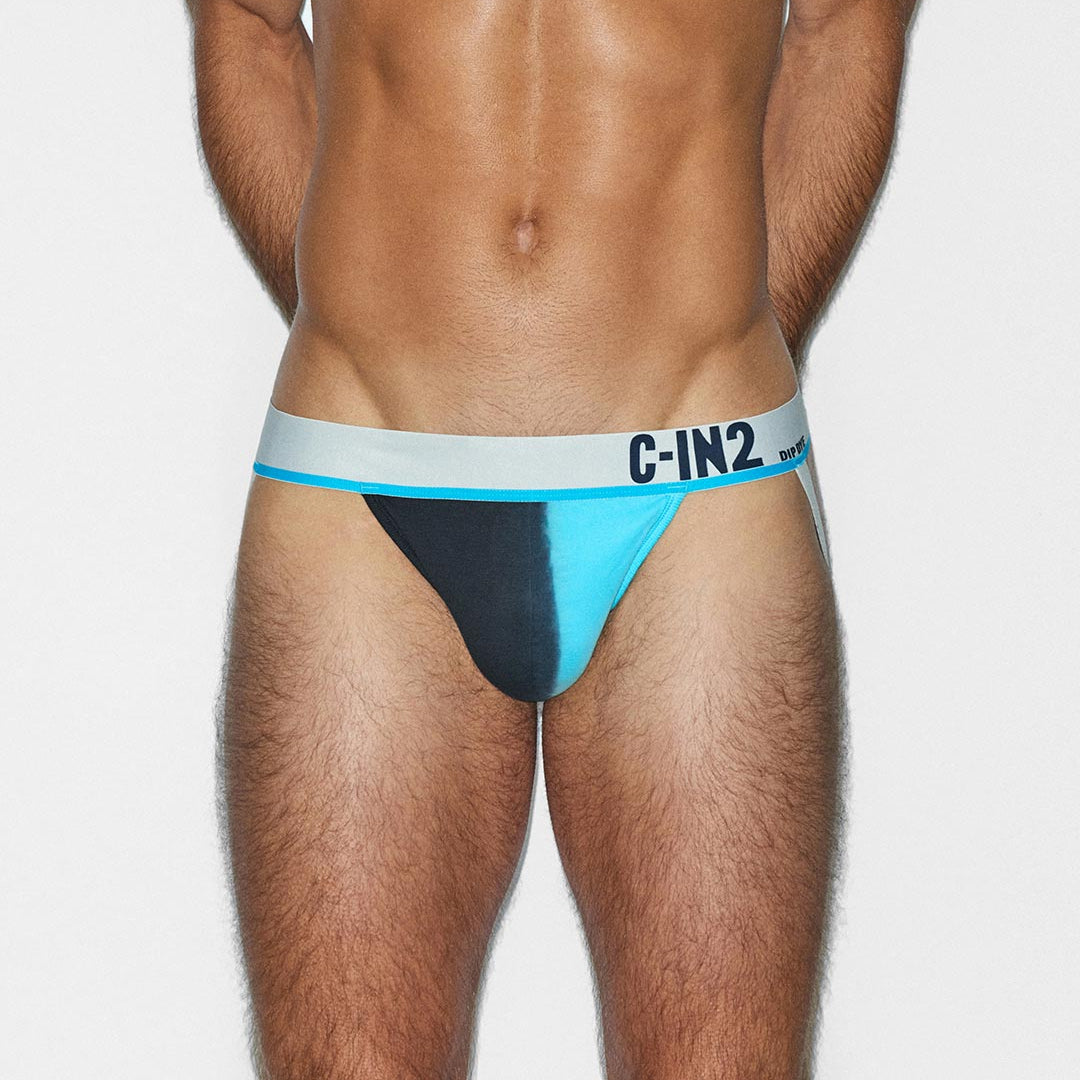 Man wearing a blue and black C-IN2 men's jock on a white background