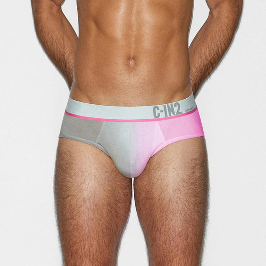 Man wearing a pink and gray underwear with 'C-IN2' brand logo on a white background