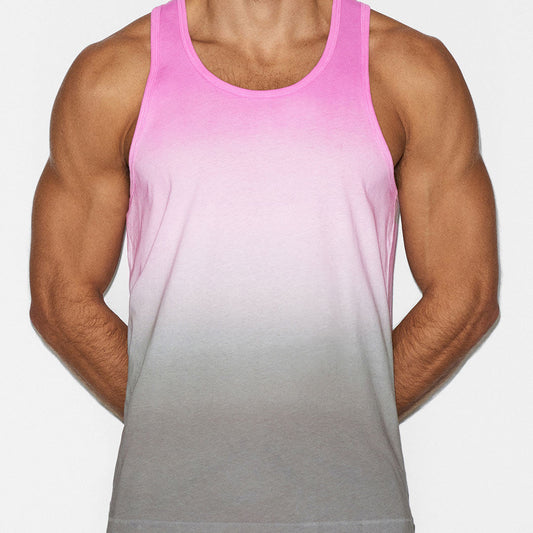 Person wearing a pink and gray gradient tank top on a white background