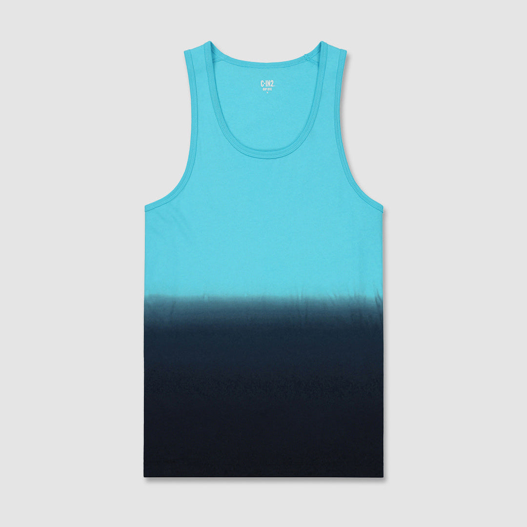 A sleeveless tank top with a vertical ombre gradient transitioning from bright turquoise at the top to dark navy at the bottom, shown flat against a light gray background.