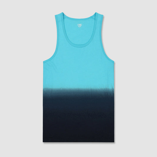A sleeveless tank top with a vertical ombre gradient transitioning from bright turquoise at the top to dark navy at the bottom, shown flat against a light gray background.