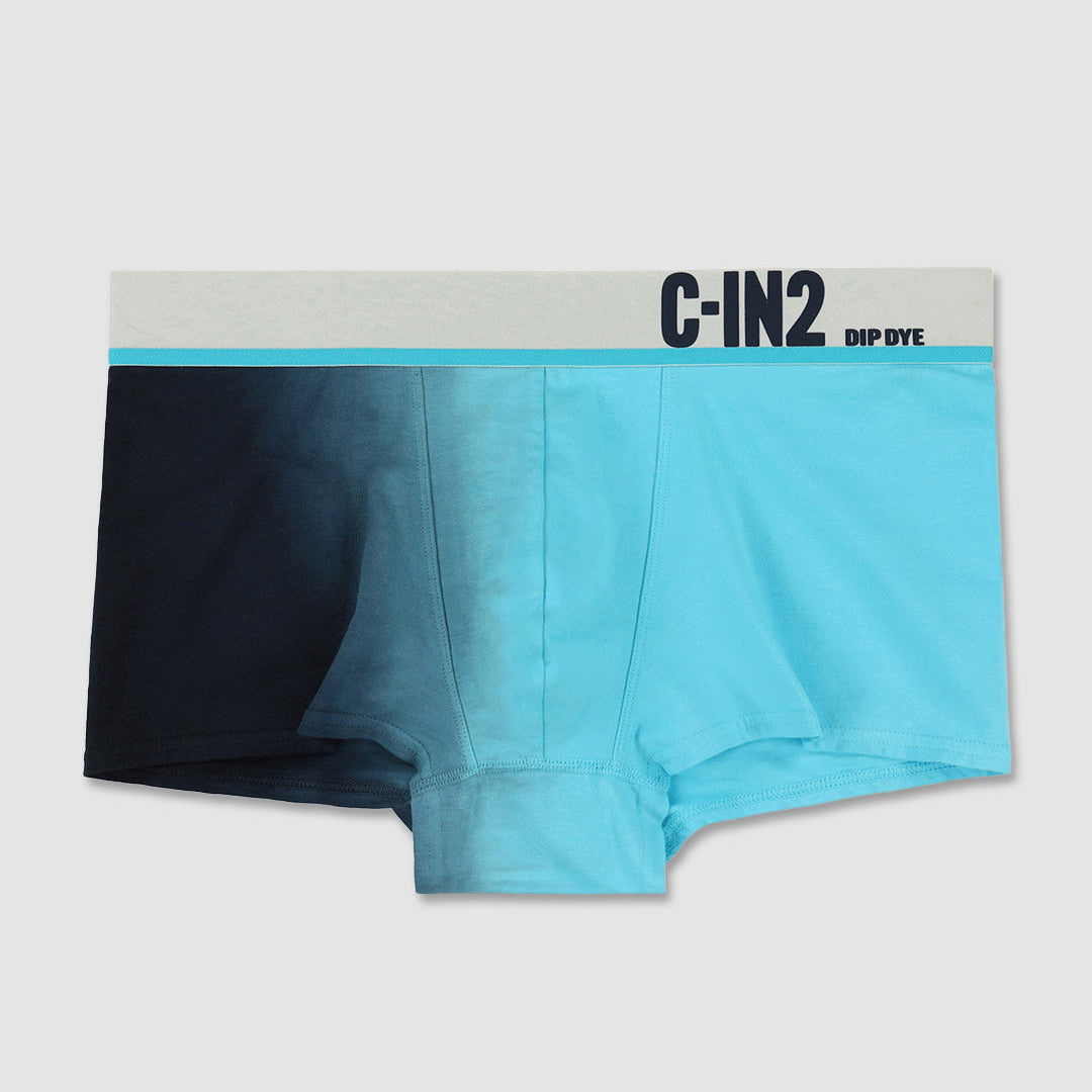 Blue boxer briefs with a white waistband featuring 'C-IN2' branding on a light gray background.