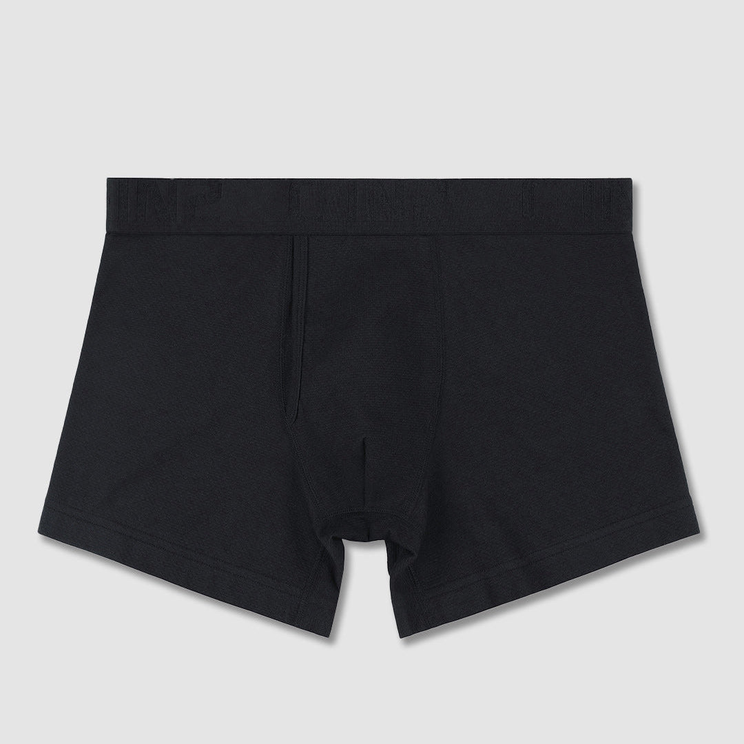 Black boxer briefs shown flat against a light gray background.