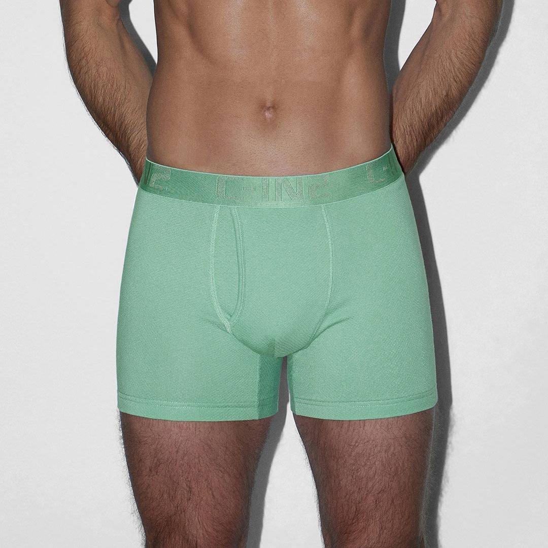 A man wearing mint green boxer briefs, shown from the chest down against a plain light gray background.