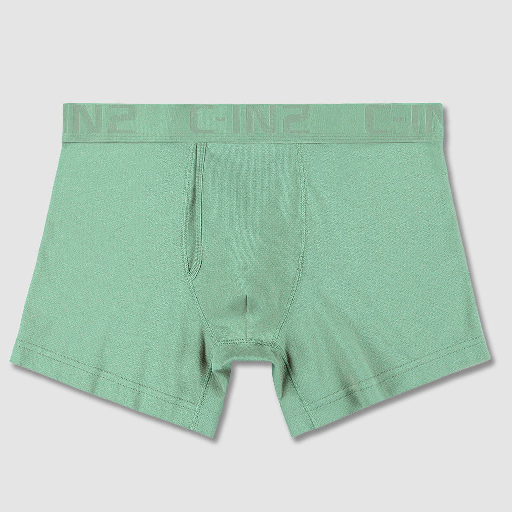 A pair of light mint green boxer briefs with a matching elastic waistband featuring the brand name 'C-IN2' in tonal lettering, displayed against a neutral light gray background.