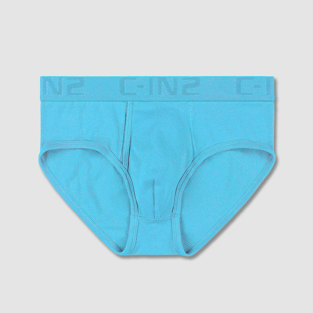 A pair of men's briefs in a bright light blue color, featuring a wide elastic waistband with the brand name 'C-IN2' printed in tonal blue lettering, set against a solid light gray background.