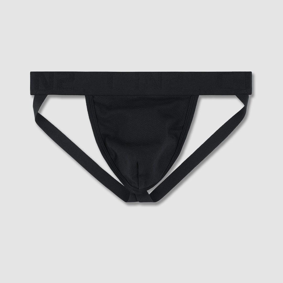 Black men's jockstrap with a wide waistband with C-IN2 logo and thin side straps, laid flat on a light gray background.