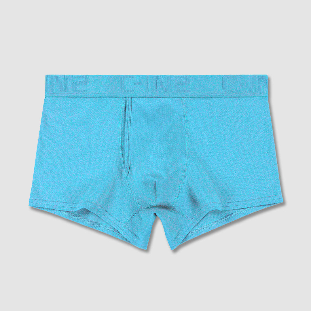 A pair of men's boxer briefs in a bright turquoise blue color, laid flat against a light gray background. The waistband features a subtle tonal pattern of the brand name 'C-IN2'.