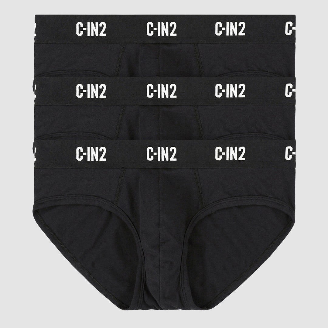 Three black pairs of briefs stacked vertically, each with a wide elastic waistband featuring the white text 'C-IN2' repeated, shown on a light gray background.