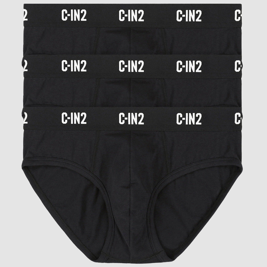 Three black pairs of men's briefs stacked vertically, each with a wide black waistband featuring the white 'C-IN2' brand name repeated across it, shown on a light gray background.