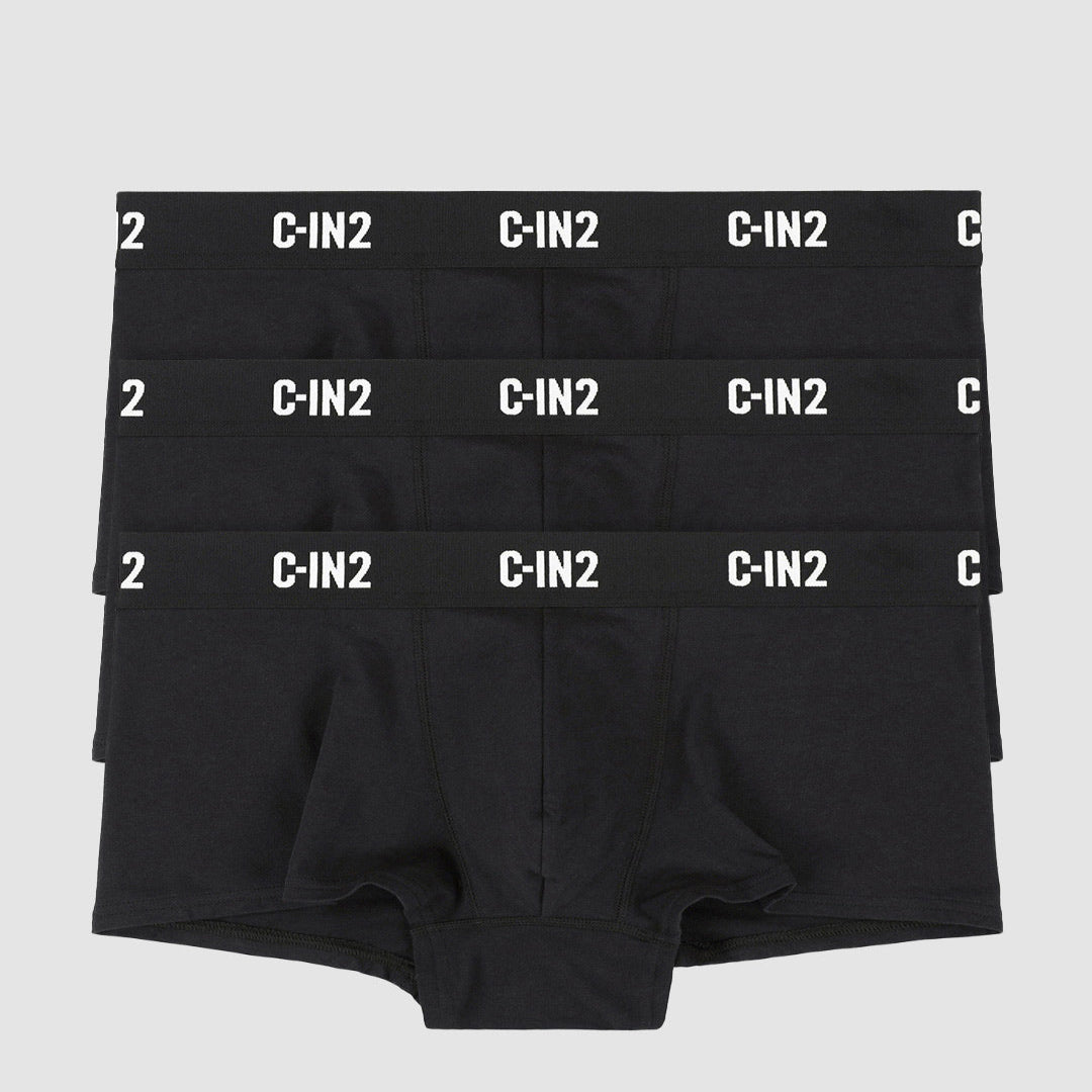 Three black pairs of men's boxer briefs stacked together, featuring a wide elastic waistband with the brand name 'C-IN2' printed in white.