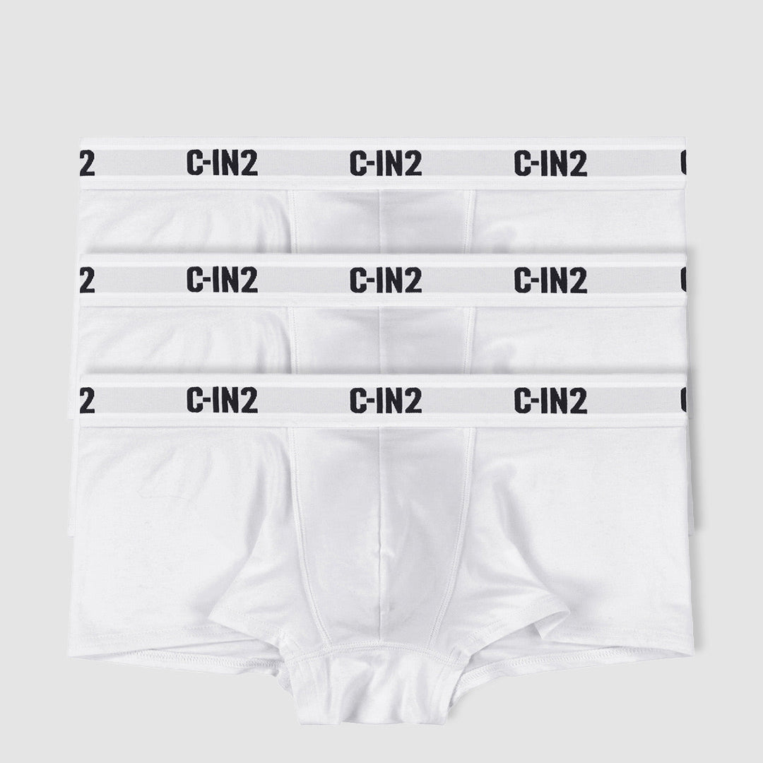 Three pairs of white men's briefs stacked vertically, each with a white waistband featuring the black text 'C-IN2' and the number '2'.