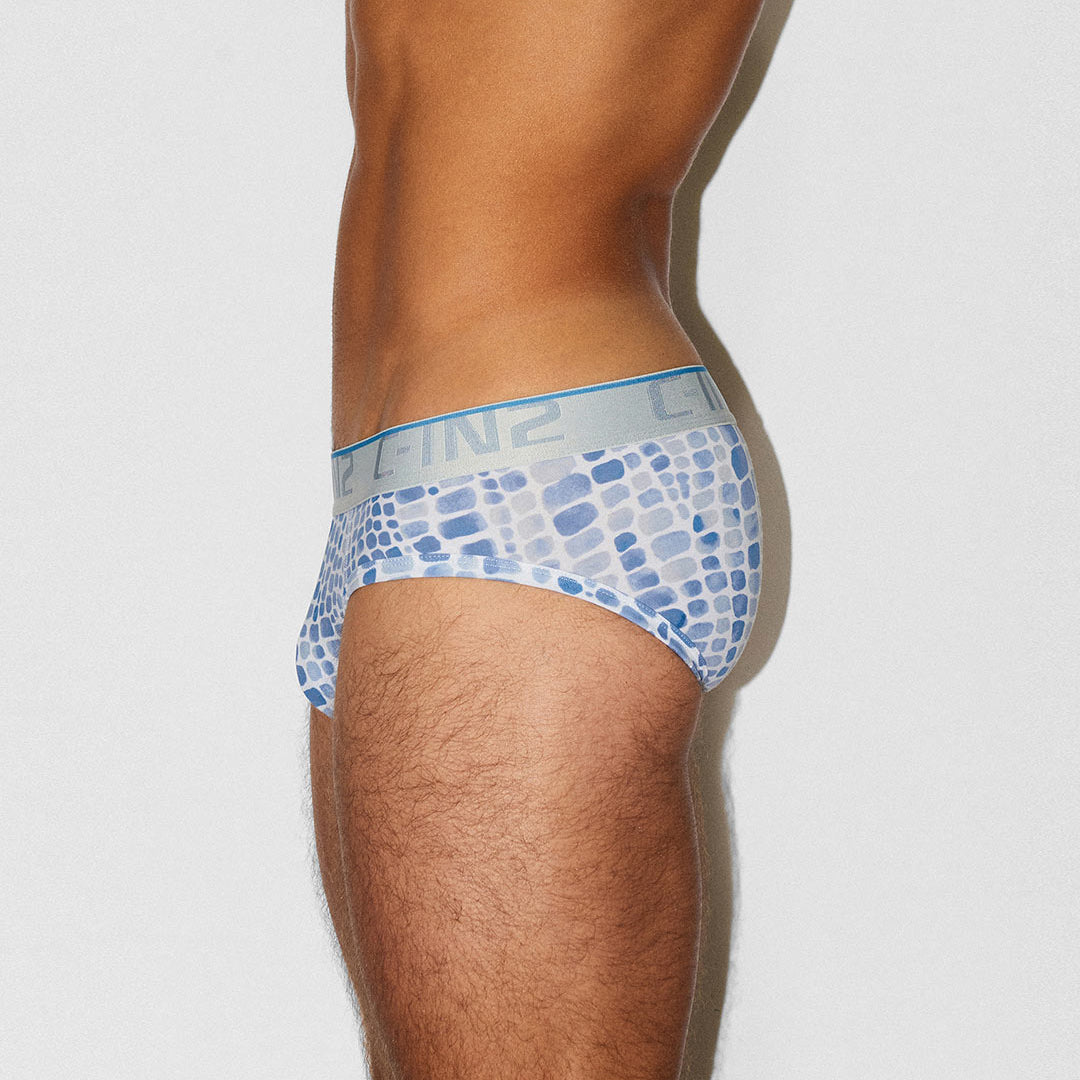 A side view of a male model wearing low-rise briefs with a blue and white geometric pattern and a light blue waistband featuring the brand name 'C-IN2'.