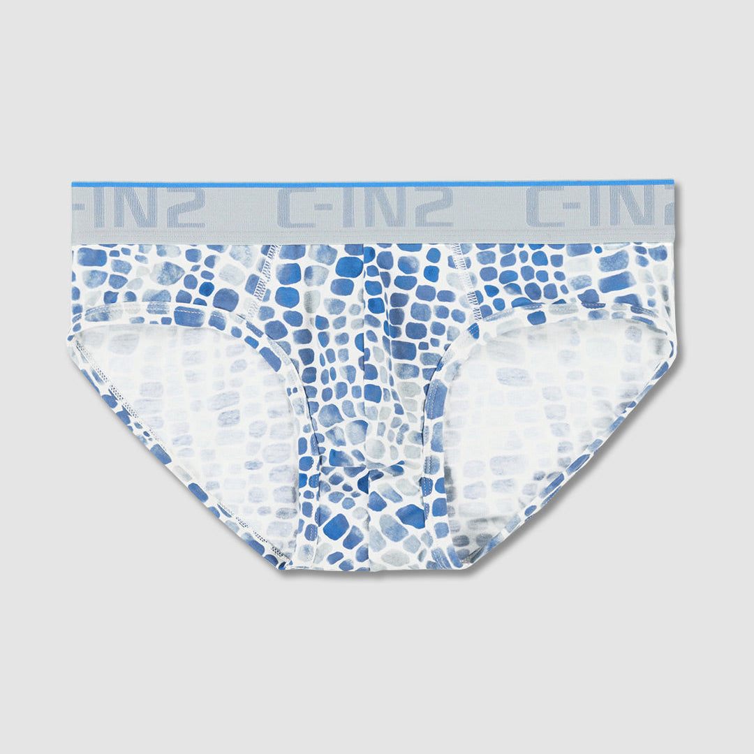 Blue and white patterned men's briefs with a light gray elastic waistband featuring the brand name 'C-IN2' repeated in gray.