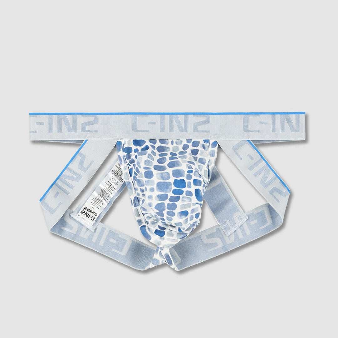 A pair of men's jock by C-IN2, featuring a blue and white abstract patterned body with a light blue elastic waistband printed with the brand name.
