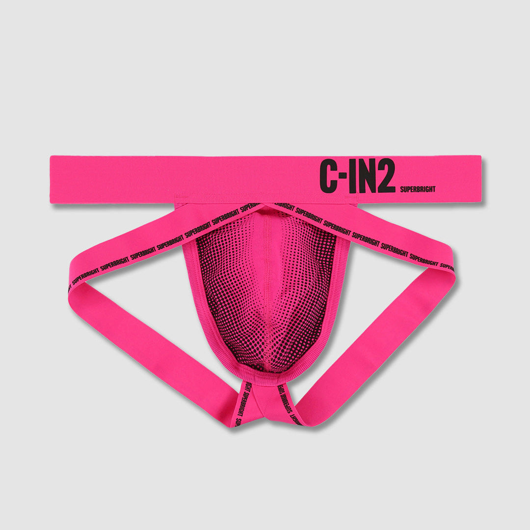 Bright pink jockstrap underwear with a wide elastic waistband featuring the black printed text 'C-IN2' and 'SUPERBRIGHT', displayed on a light gray background.